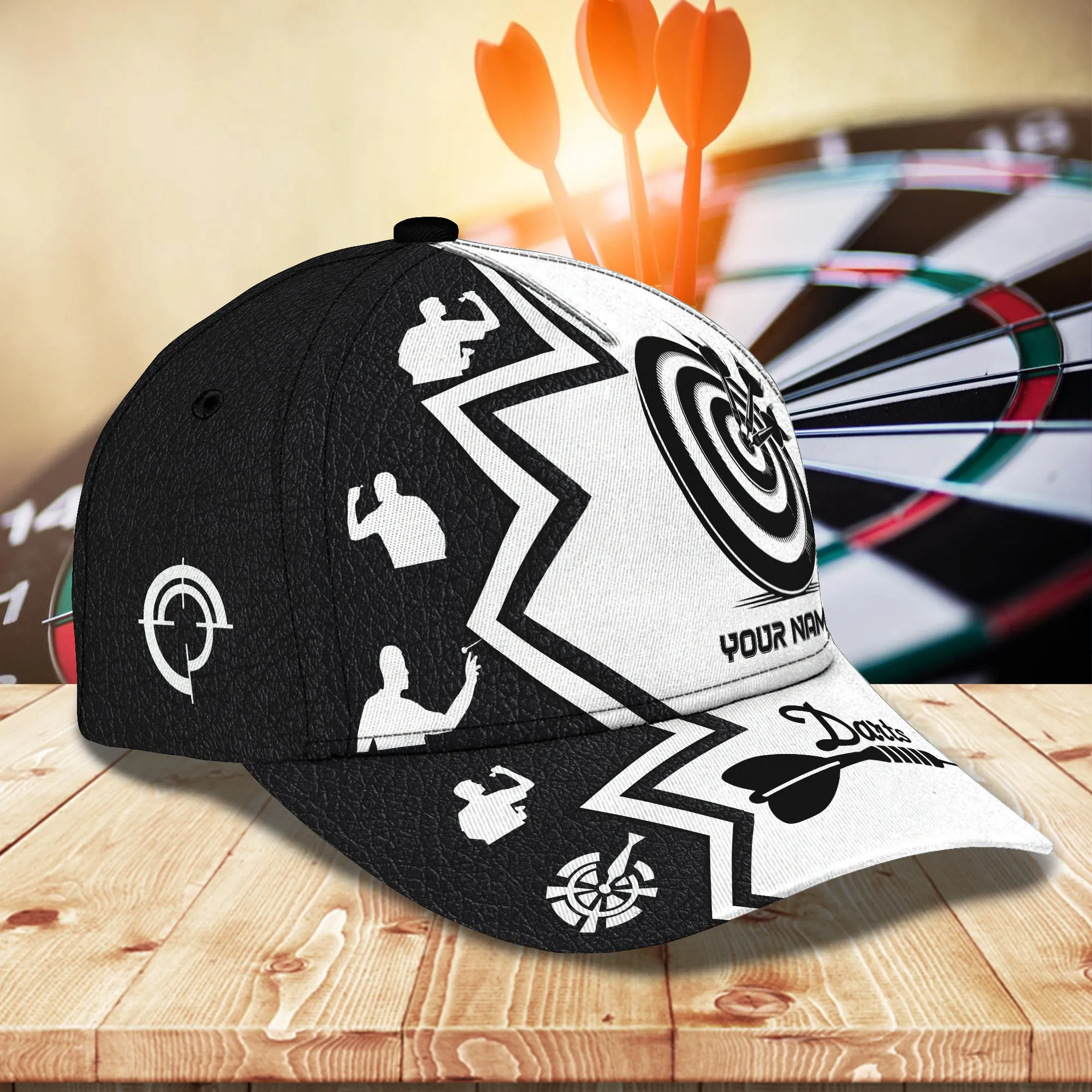 Personalized Name Black and White Heart Beat Dart Classic Cap, Perfect Gift for Men Women, Dart Cap Hat