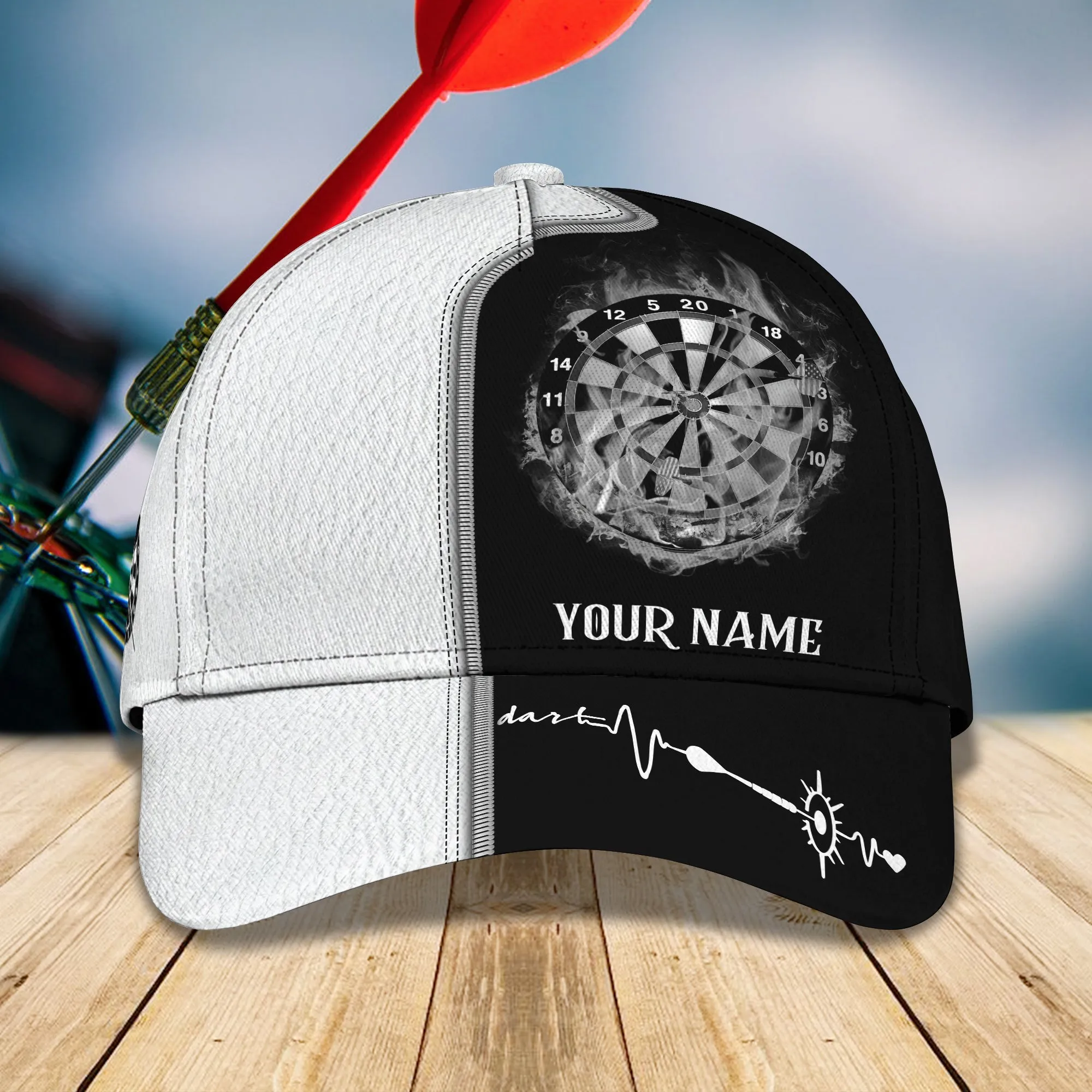 Personalized Name Black and White Heart Beat Dart Classic Cap, Perfect Gift for Men Women, Dart Cap Hat