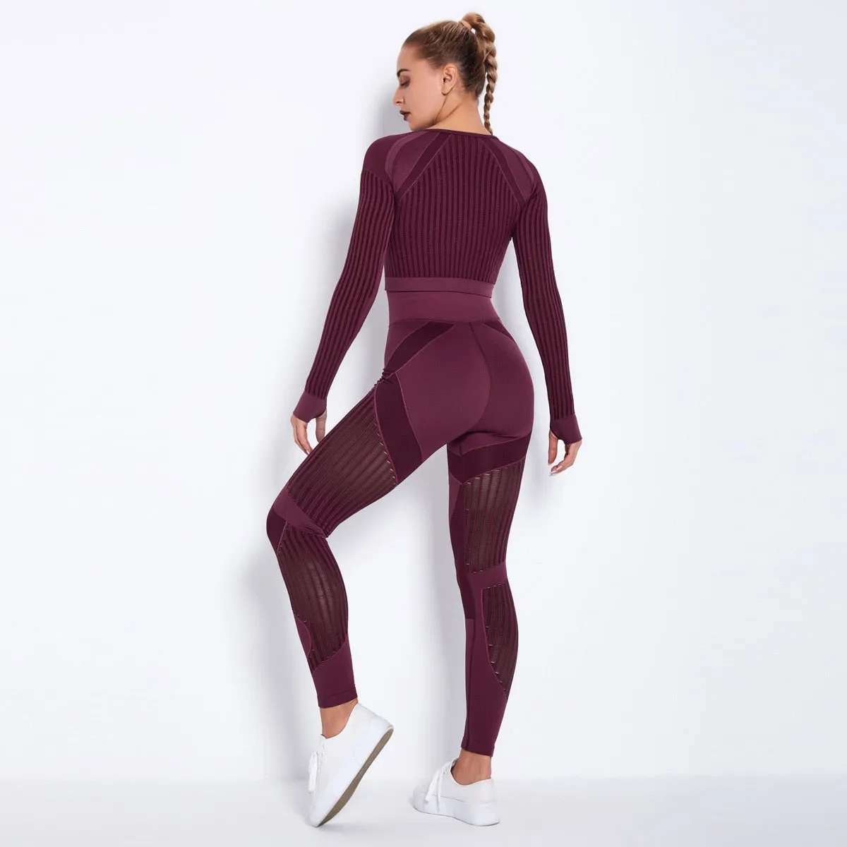 Seamless Gym Set Women Sexy Patchwork Mesh 2 Piece Yoga Set Fitness Long Sleeve Crop Top Sports Leggings Outfits Workout Clothes