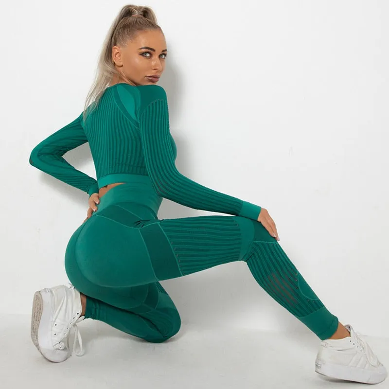 Seamless Gym Set Women Sexy Patchwork Mesh 2 Piece Yoga Set Fitness Long Sleeve Crop Top Sports Leggings Outfits Workout Clothes