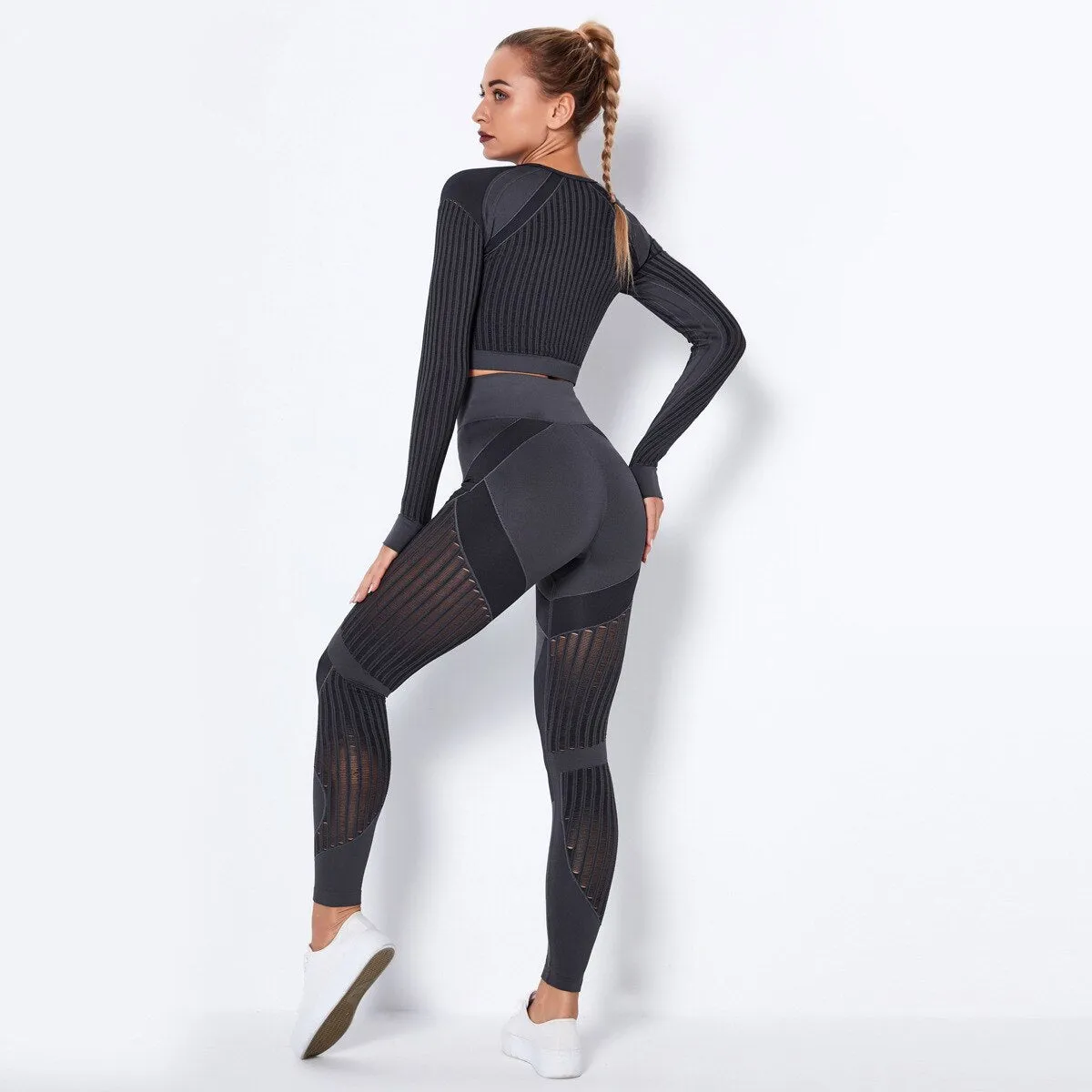 Seamless Gym Set Women Sexy Patchwork Mesh 2 Piece Yoga Set Fitness Long Sleeve Crop Top Sports Leggings Outfits Workout Clothes