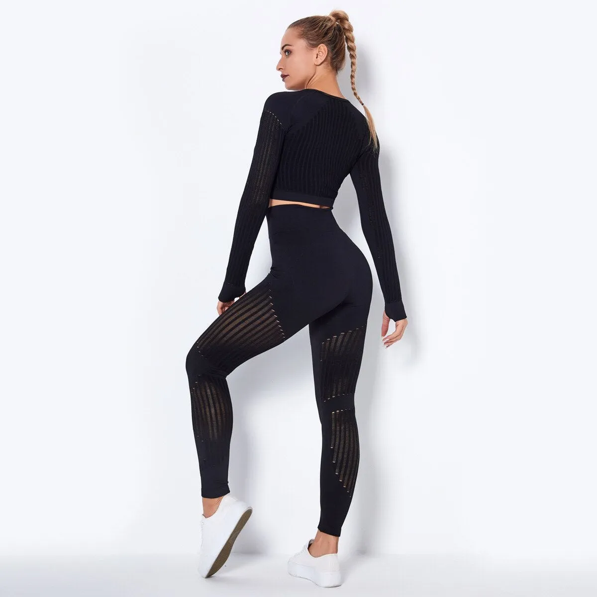 Seamless Gym Set Women Sexy Patchwork Mesh 2 Piece Yoga Set Fitness Long Sleeve Crop Top Sports Leggings Outfits Workout Clothes