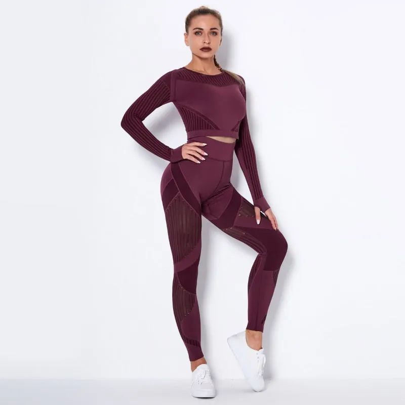 Seamless Gym Set Women Sexy Patchwork Mesh 2 Piece Yoga Set Fitness Long Sleeve Crop Top Sports Leggings Outfits Workout Clothes