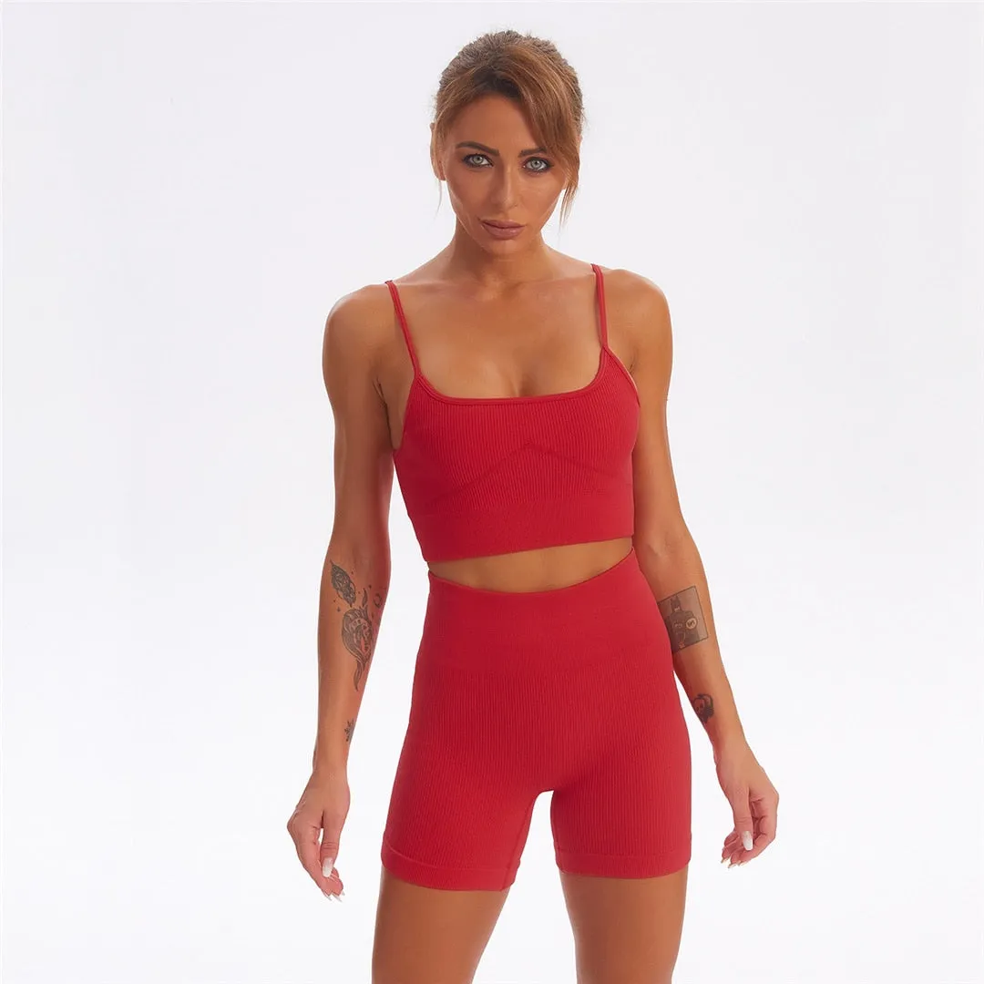 Seamless Yoga Suit Women 2 PCS Sports Vest High Waist Leggings Bra Shorts Outfit Set Fitness Workout Clothes Sportswear A056RVP