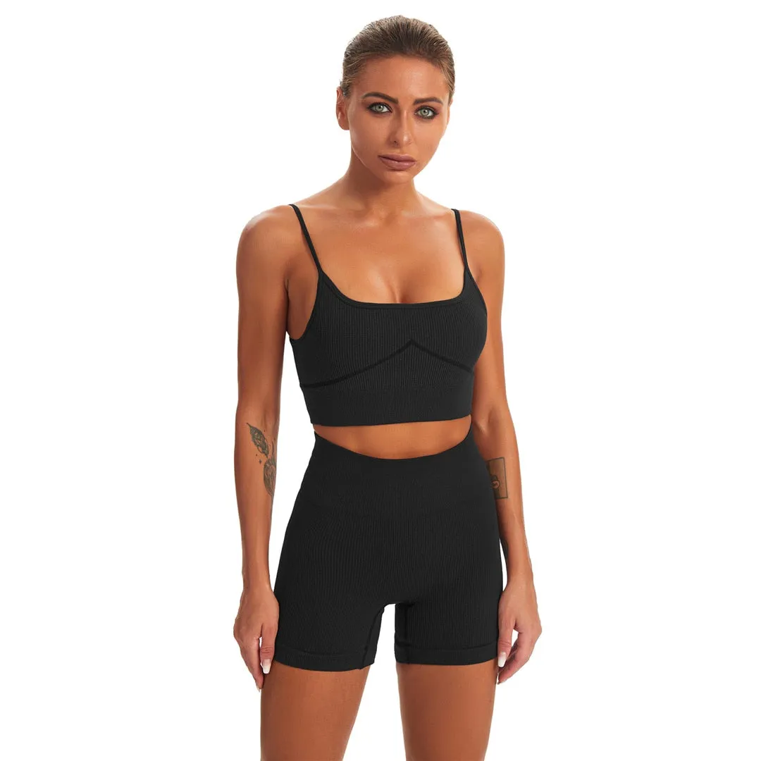 Seamless Yoga Suit Women 2 PCS Sports Vest High Waist Leggings Bra Shorts Outfit Set Fitness Workout Clothes Sportswear A056RVP