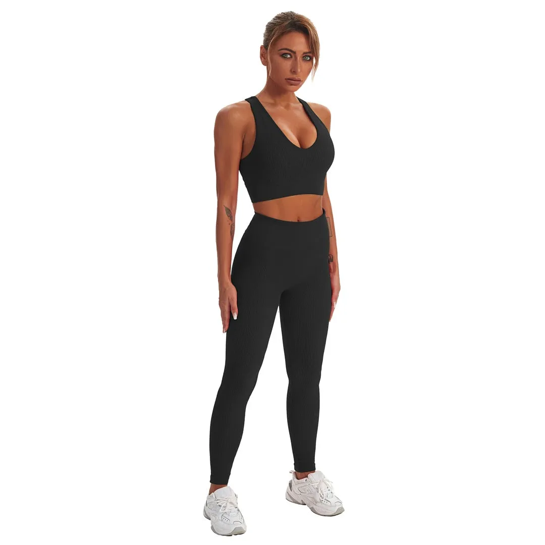 Seamless Yoga Suit Women 2 PCS Sports Vest High Waist Leggings Bra Shorts Outfit Set Fitness Workout Clothes Sportswear A056RVP