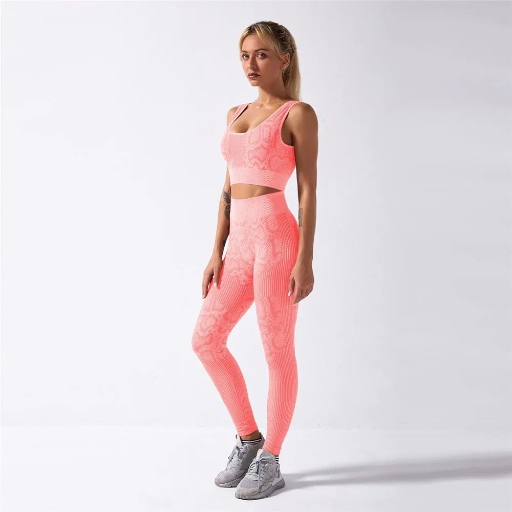 Snake Print Seamless Sportswear 2 Pieces Yoga Set Women Sports Bra and Leggings Fitness Running Workout Clothes Gym Outfit A010