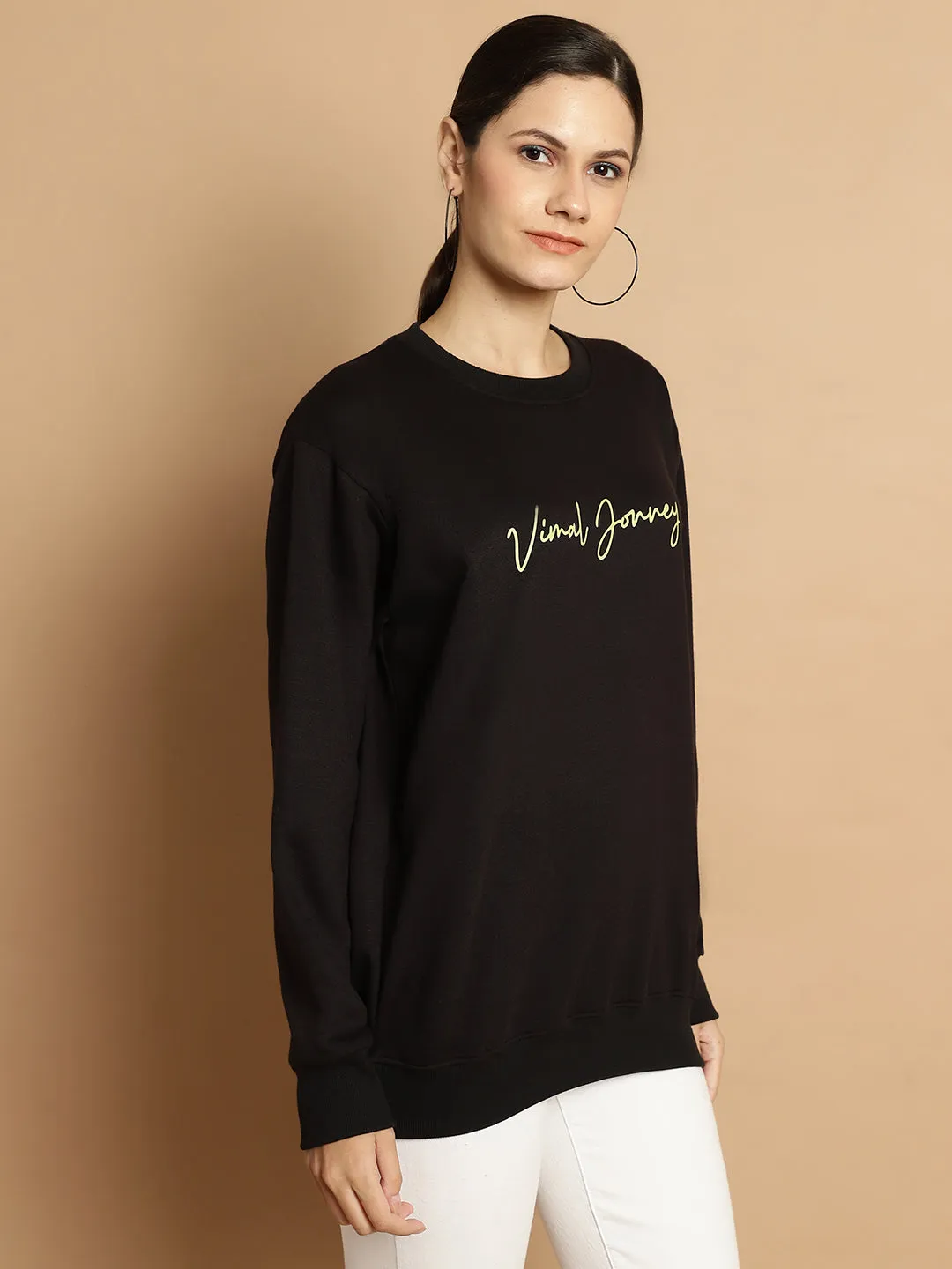 Vimal Jonney Black Printed Round Neck Cotton Fleece Sweatshirt for Women