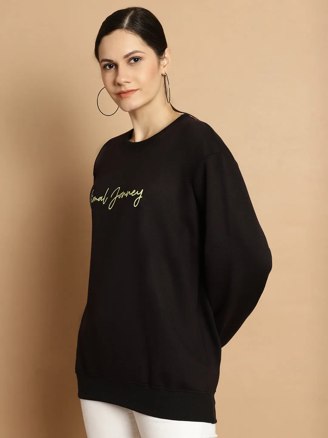 Vimal Jonney Black Printed Round Neck Cotton Fleece Sweatshirt for Women