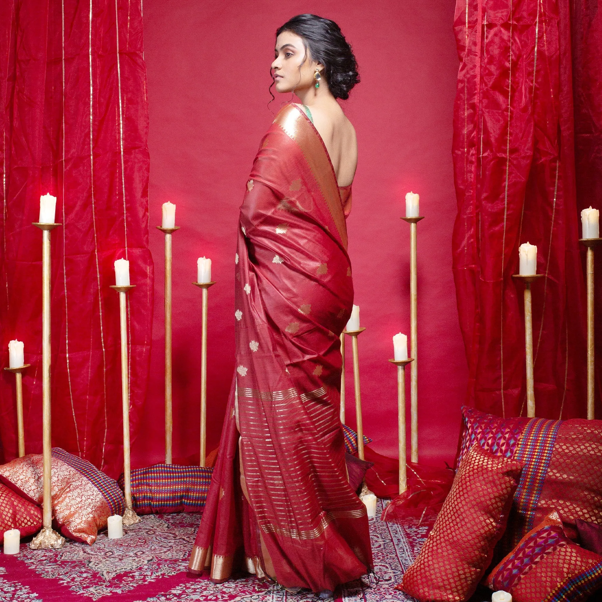 Women Banarasi Chanderi Silk Saree In Maroon Color With Tulip Zari Booti And Border