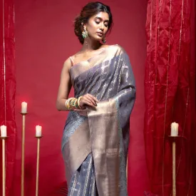 Women Banarasi Kora Organza Saree In Grey Color With Zari Checks And Dual Zari Border