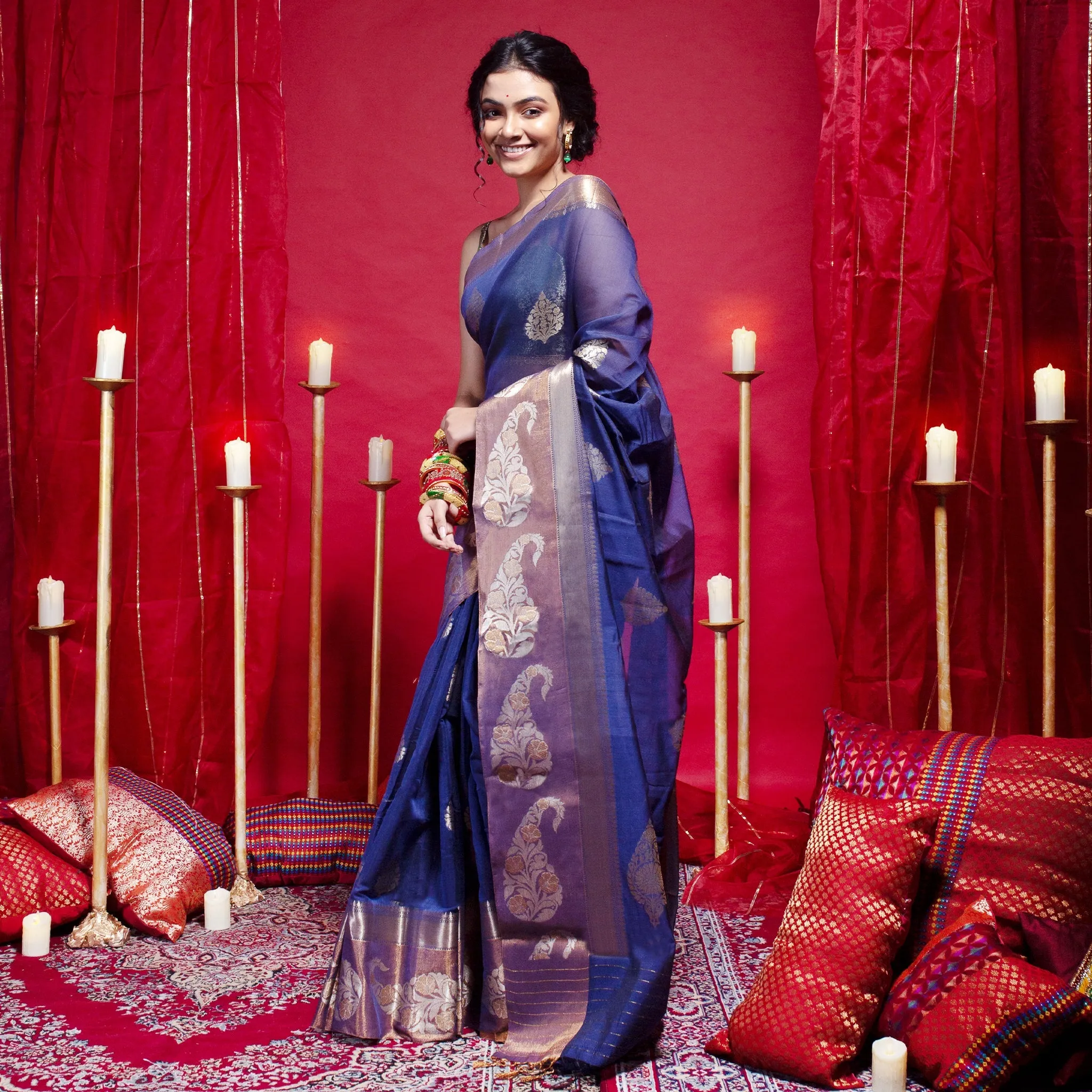 Women Banarasi Kora Organza Saree In Navy Blue Color With Contrasting Border And Zari Ambi Motifs