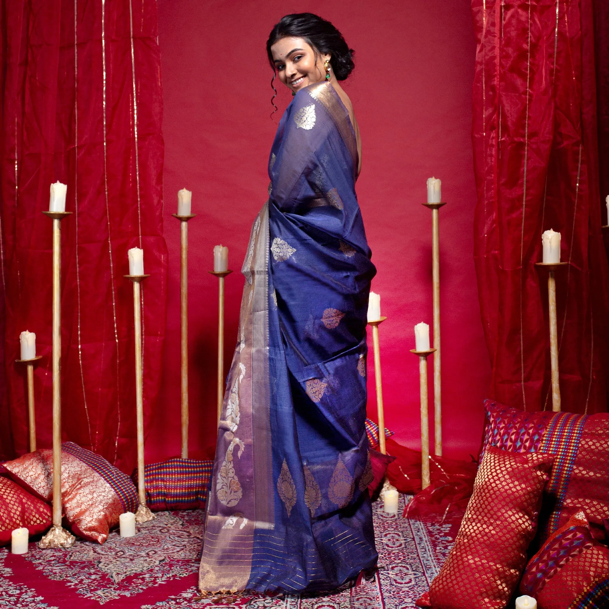 Women Banarasi Kora Organza Saree In Navy Blue Color With Contrasting Border And Zari Ambi Motifs