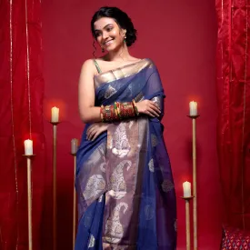 Women Banarasi Kora Organza Saree In Navy Blue Color With Contrasting Border And Zari Ambi Motifs