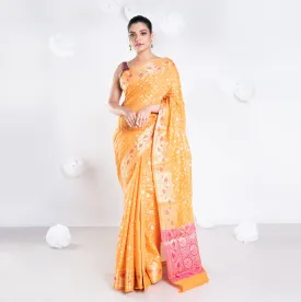 Women Banarasi Kora Organza Saree In Yellow Color With Golden Booti And Border