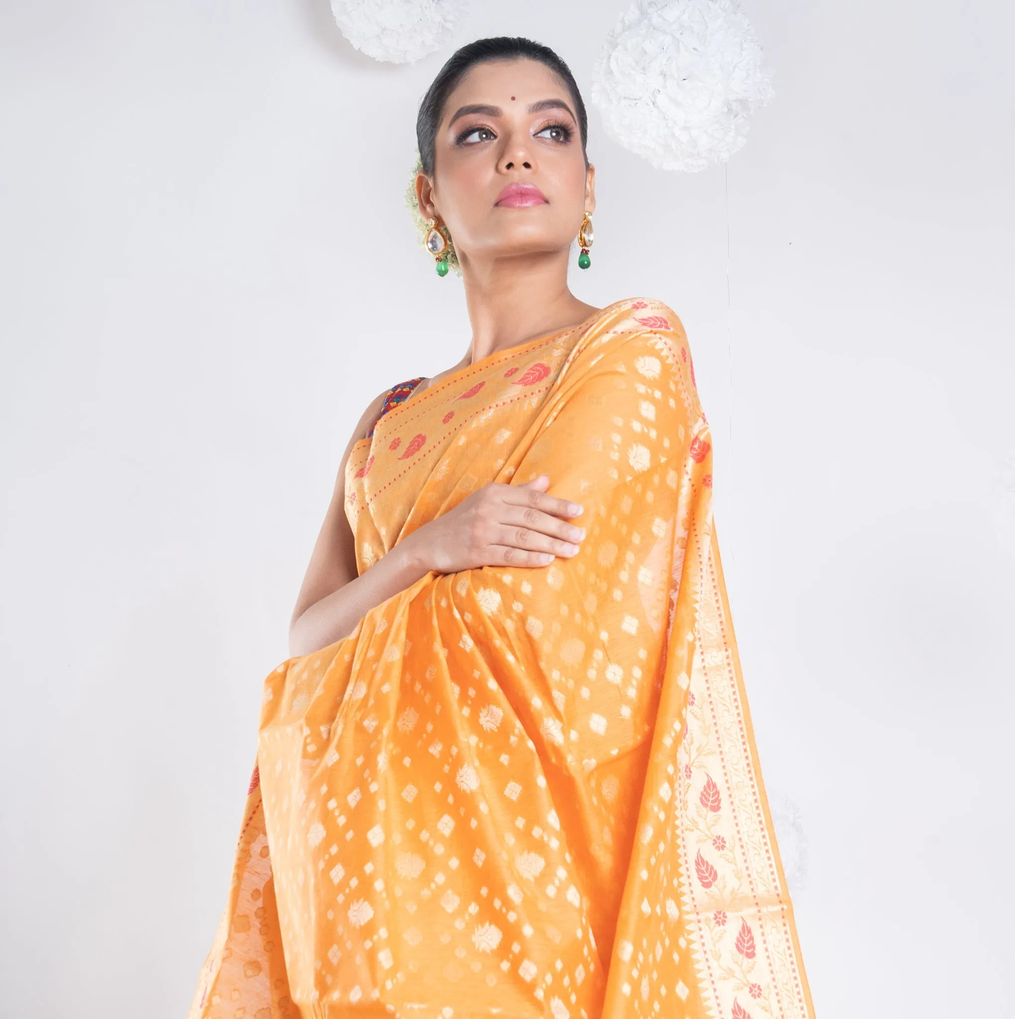 Women Banarasi Kora Organza Saree In Yellow Color With Golden Booti And Border