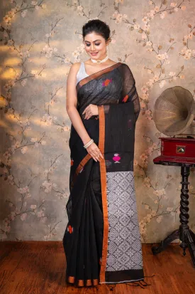 Women Black Pure Handloom Linen Saree With Multicolor Birds Woven Motifs