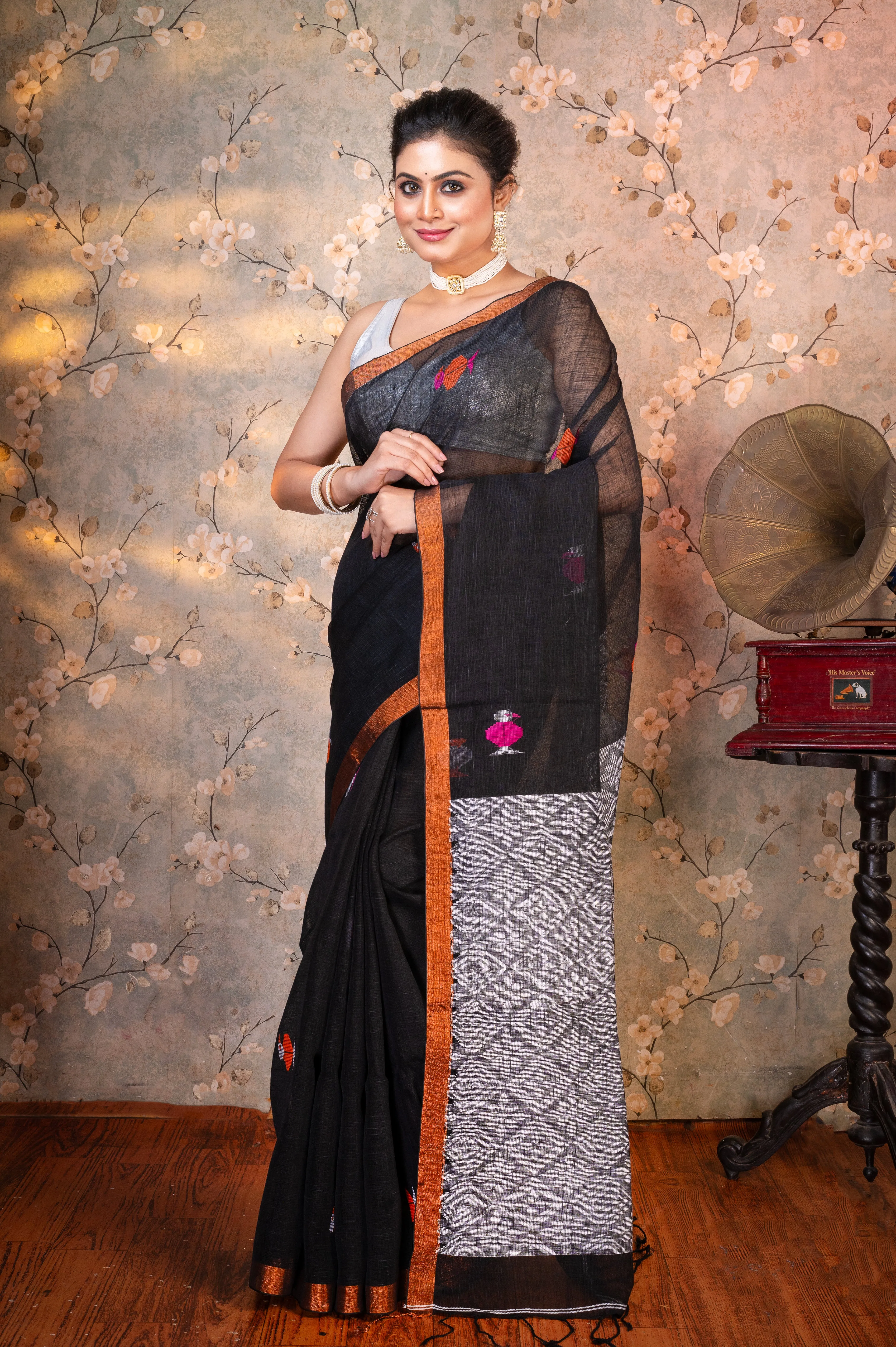 Women Black Pure Handloom Linen Saree With Multicolor Birds Woven Motifs