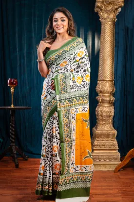 Women Off-White Pure Bagru Malmal Cotton Saree With Green Jungle Motifs