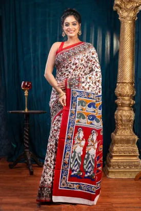 Women Off-White Pure Bagru Malmal Cotton Saree With Red Floral Jaal And Border