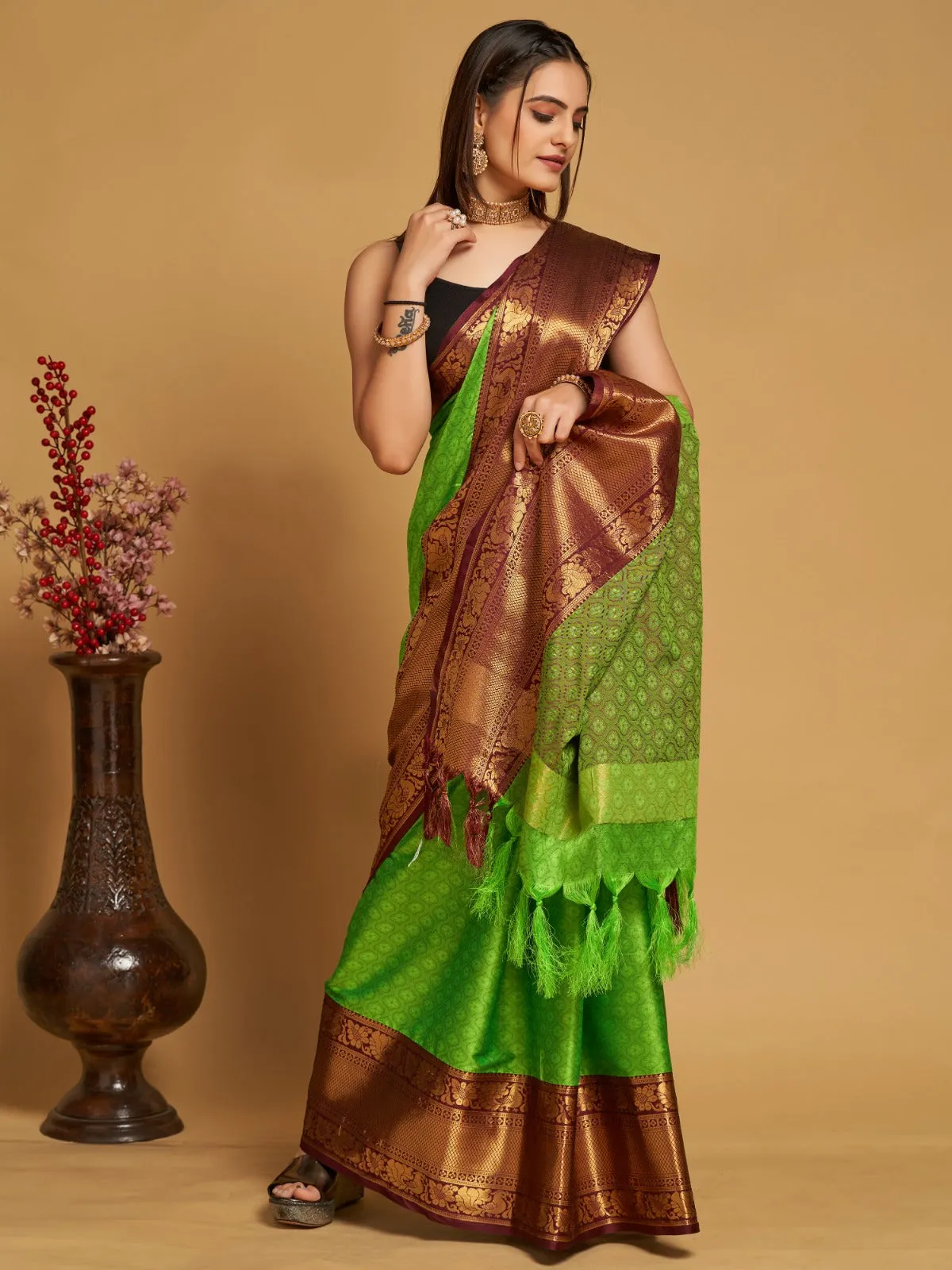 Women Party Wear Designer Green Colour Banarasi Silk Saree Collection