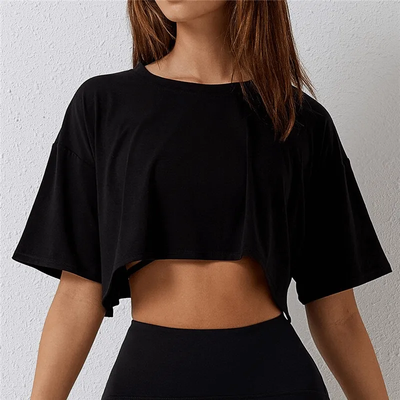 Women's Cropped Loose Sports T-Shirt with Short Sleeves - SF1147