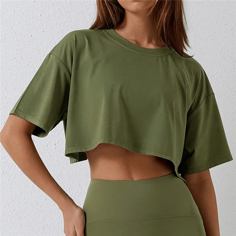 Women's Cropped Loose Sports T-Shirt with Short Sleeves - SF1147