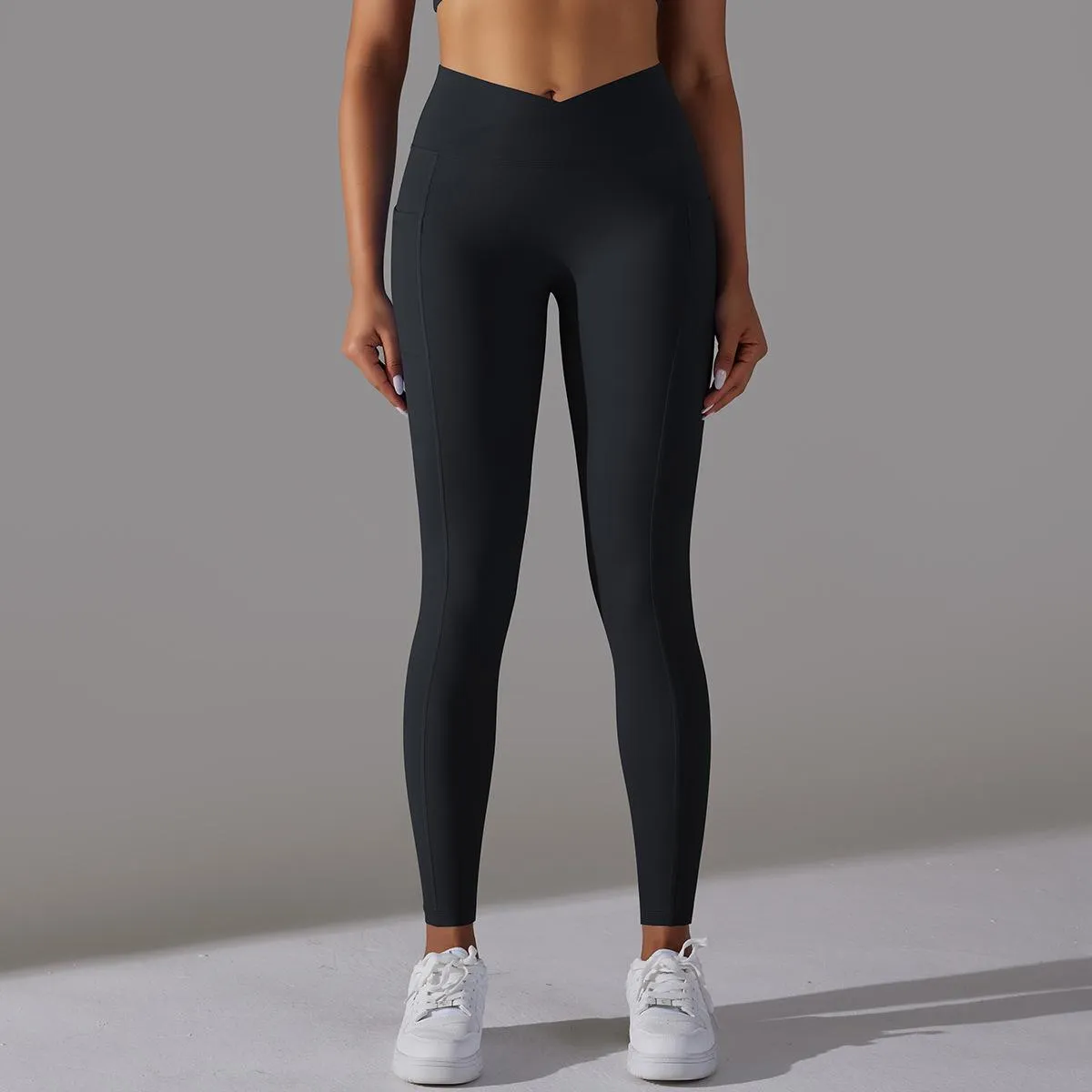 Women's Nude Feel Skin-friendly Cross Waist Stretch Fitness Pants With Pocket