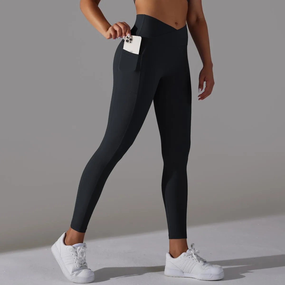 Women's Nude Feel Skin-friendly Cross Waist Stretch Fitness Pants With Pocket