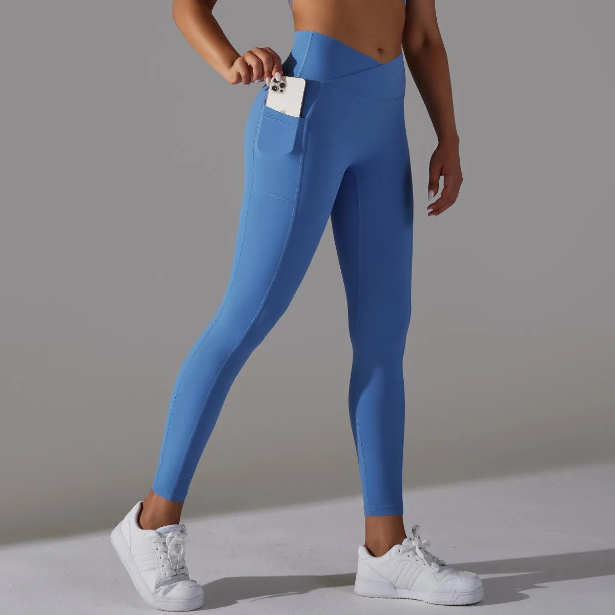 Women's Nude Feel Skin-friendly Cross Waist Stretch Fitness Pants With Pocket