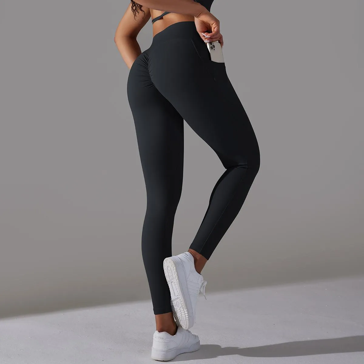 Women's Nude Feel Skin-friendly Cross Waist Stretch Fitness Pants With Pocket